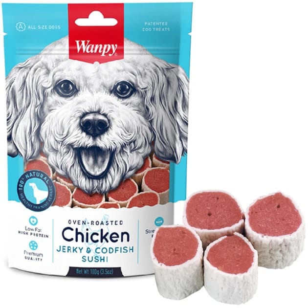 Wanpy oven rosted chicken jerky and codfish sushi 100g