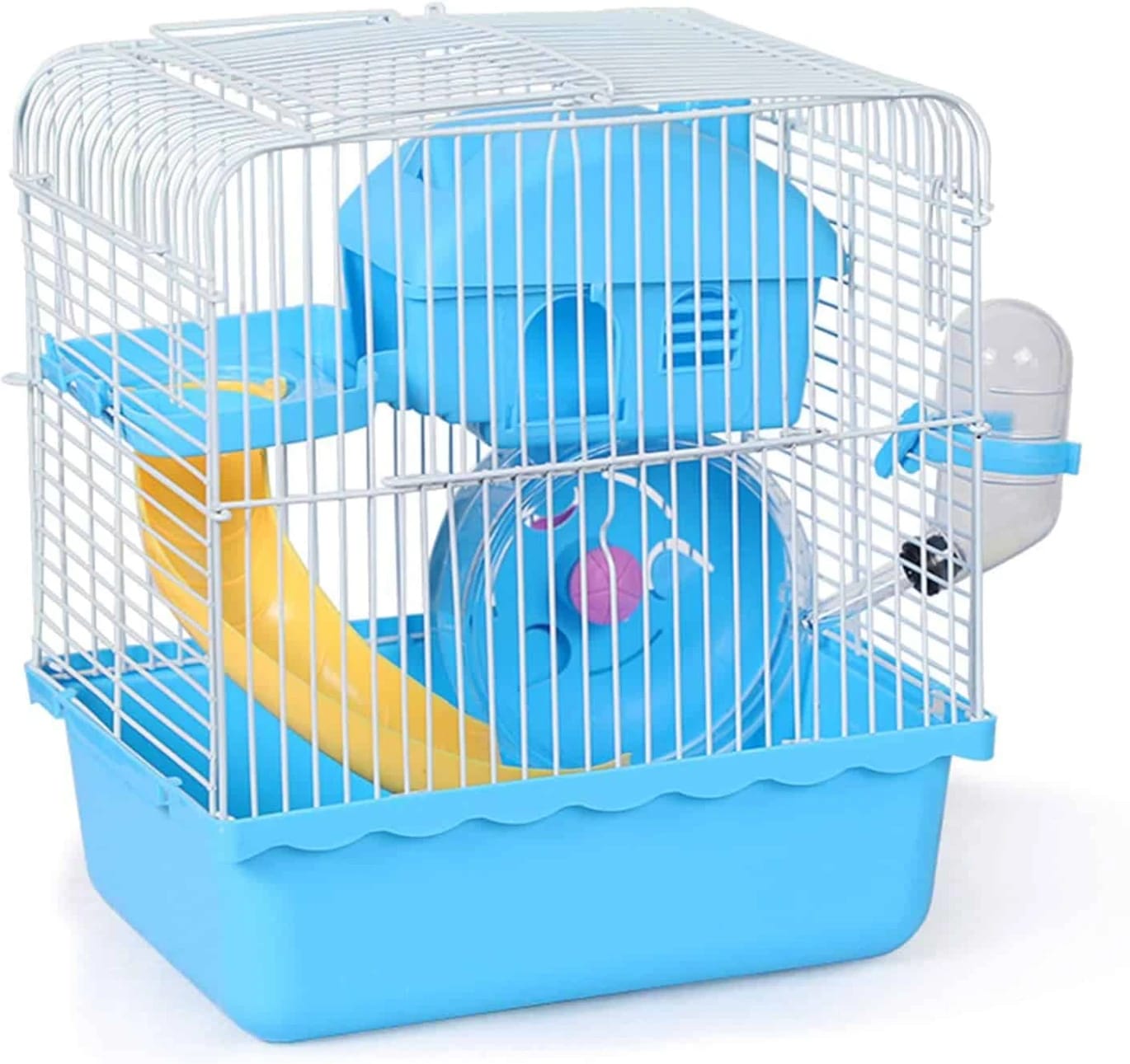 A metal cage with red and small animals