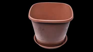 Square Brown Plastic Plant Pot with Attached Saucer