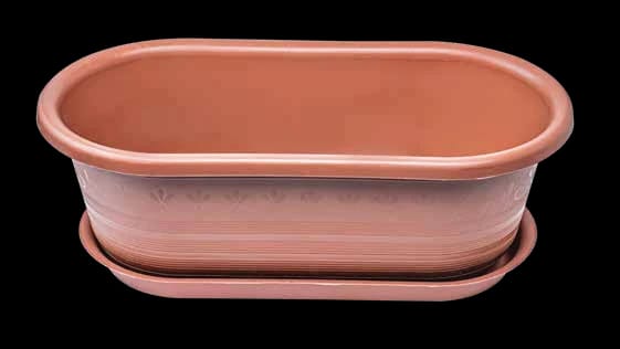 Oval Terracotta-Colored Plastic Planter with Saucer