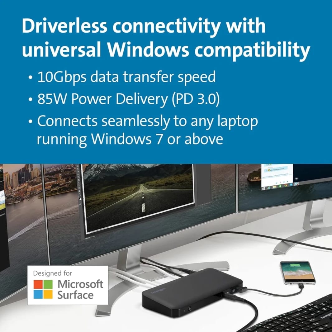 Kensington SD4845P Microsoft Surface 9-in-1 USB-C 10Gbps Support 3 Monitors Docking Station with 85W Power Delivery - Black