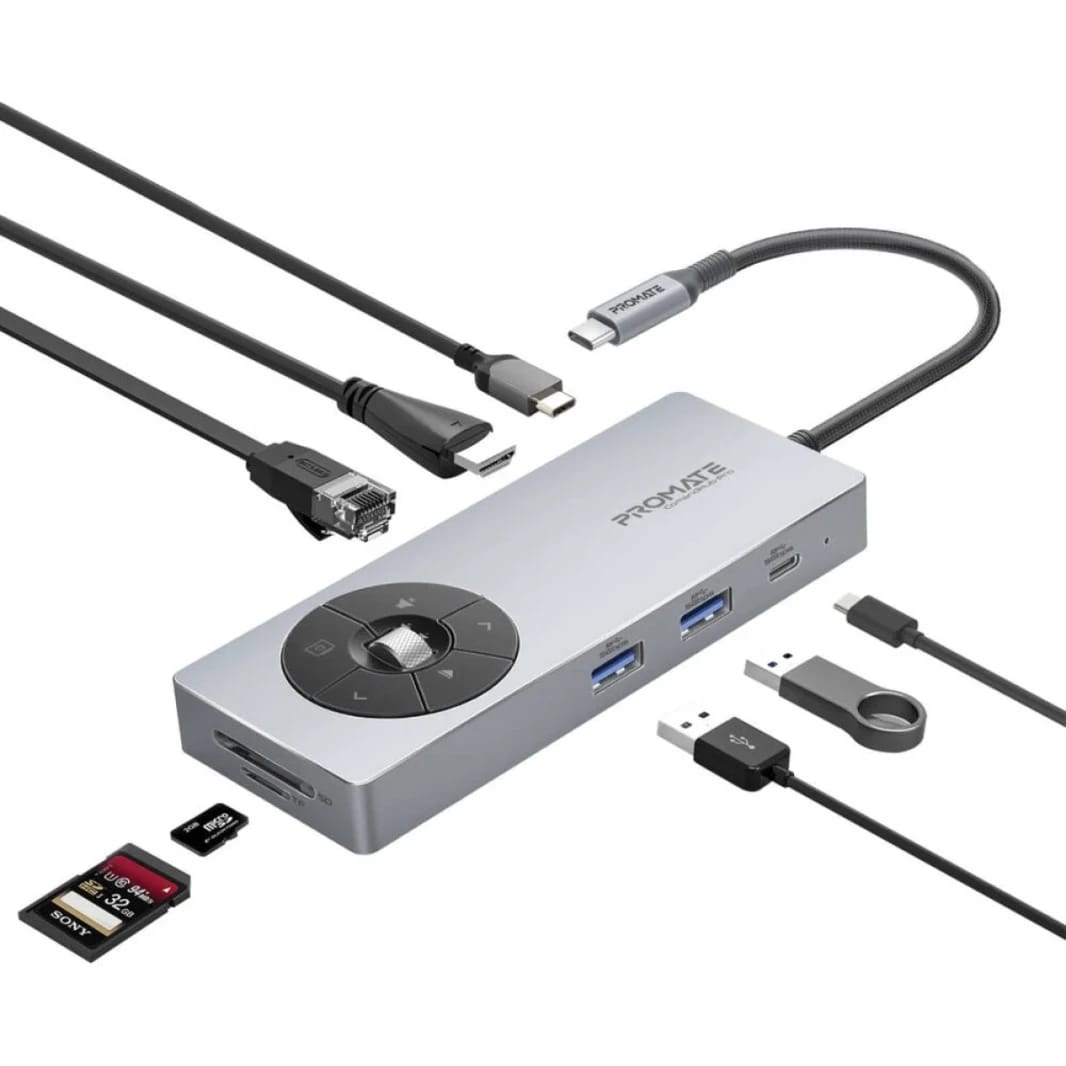 Promate Comandhub-Pro 14-in-1 Highspeed Multiport USB-C Hub with 100W PD Passthrough & Multimedia Controls, 4K @ 60Hz HDMI Support, 1Gbps Ethernet Port, 50cm Braided Cable Length, Gray