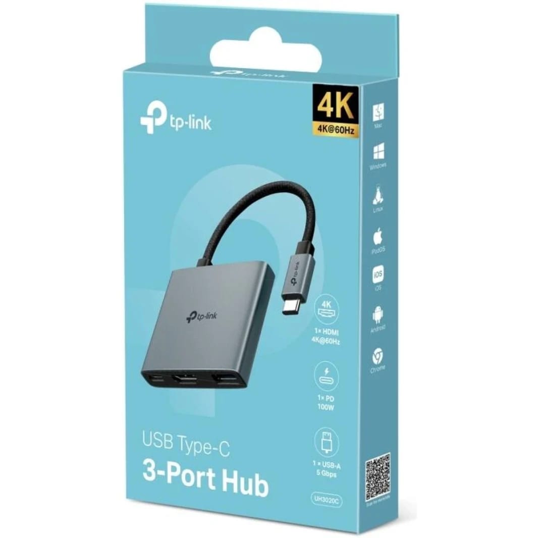 TP-Link UH3020C USB Type-C 3 in 1 Hub, USB 3.0, 5Gbps Data Transfer, USB A, HDMI 4K@60Hz, 100W PD 3.0 Fast Charging, Expand Connections, Self-Storage, Braided Cable, Plug&Play, Easy to use