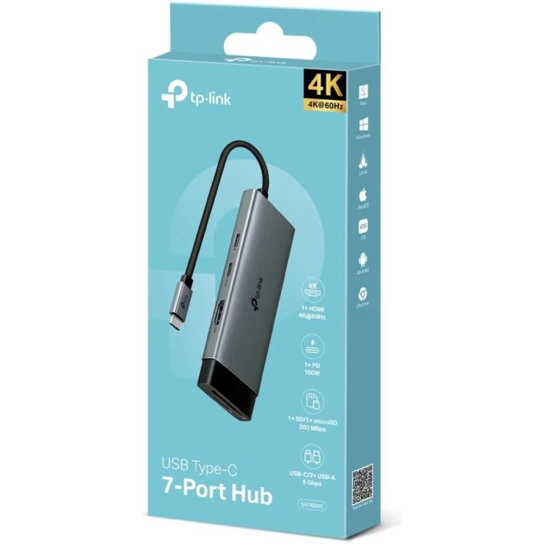 Tp-Link UH7020C USB Type-C 7 in 1 Hub, 4K HDMI, SD & microSD UHS-I, PD 100W, USB 3.0, Plug & Play, Mac, Windows, Linux, iPadOS, iOS, Android, Chrome