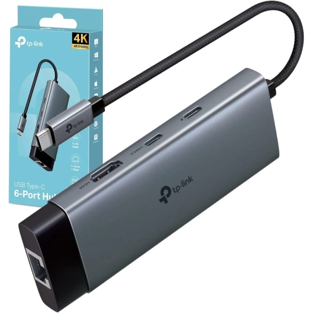 TP-Link UH6120C USB Type-C Hub 6-in-1 with a 4K@60Hz HDMI, 1 Gbps ethernet, 1× USB-C Data Ports, 2× USB-A Data Ports, Powerful 100W Fast Charging, Stable connection, Plug & Play