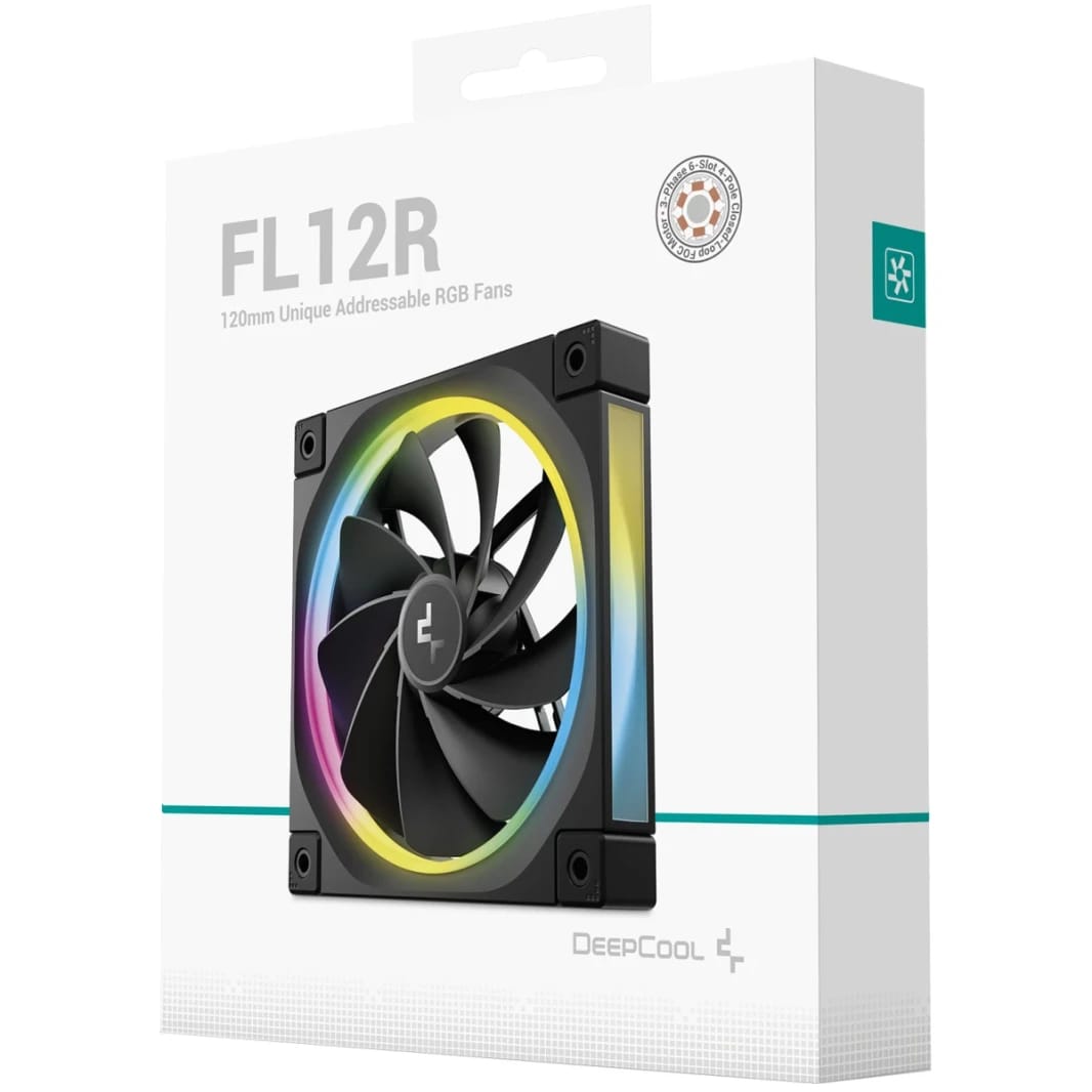 DeepCool FL12R Reversed Fan Blade 120mm Case Fans, 2150 RPM Fan Speed, 55 CFM Fan Airflow, Fluid Dynamic Bearing Type, 4-Pin PWM Fan Connector, Addressable RGB LED, Single Pack, Black
