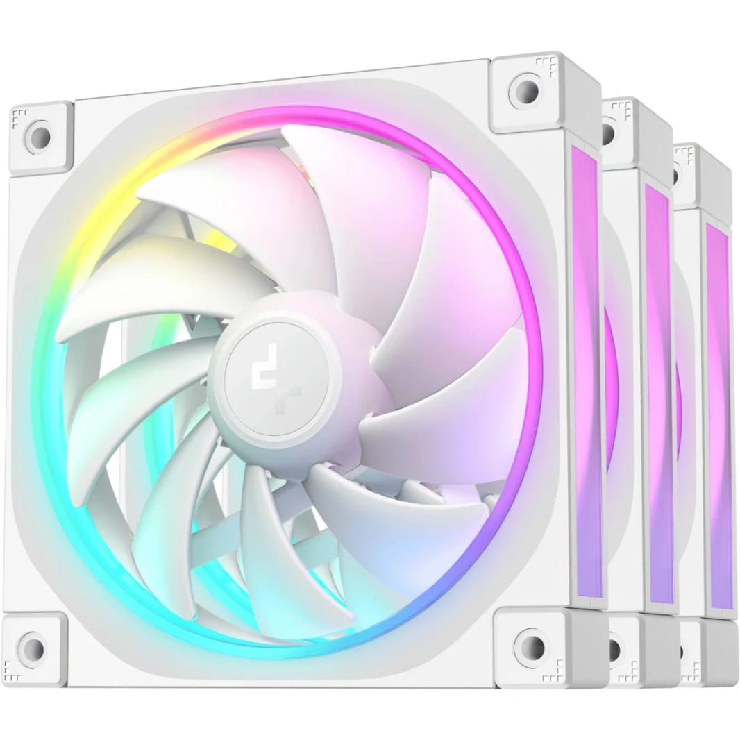 DeepCool FL12 120mm Case Fans, 2150 RPM Fan Speed, 55 CFM Fan Airflow, Fluid Dynamic Bearing Type, 4-Pin PWM Fan Connector, Addressable RGB LED, Pack of 3, White