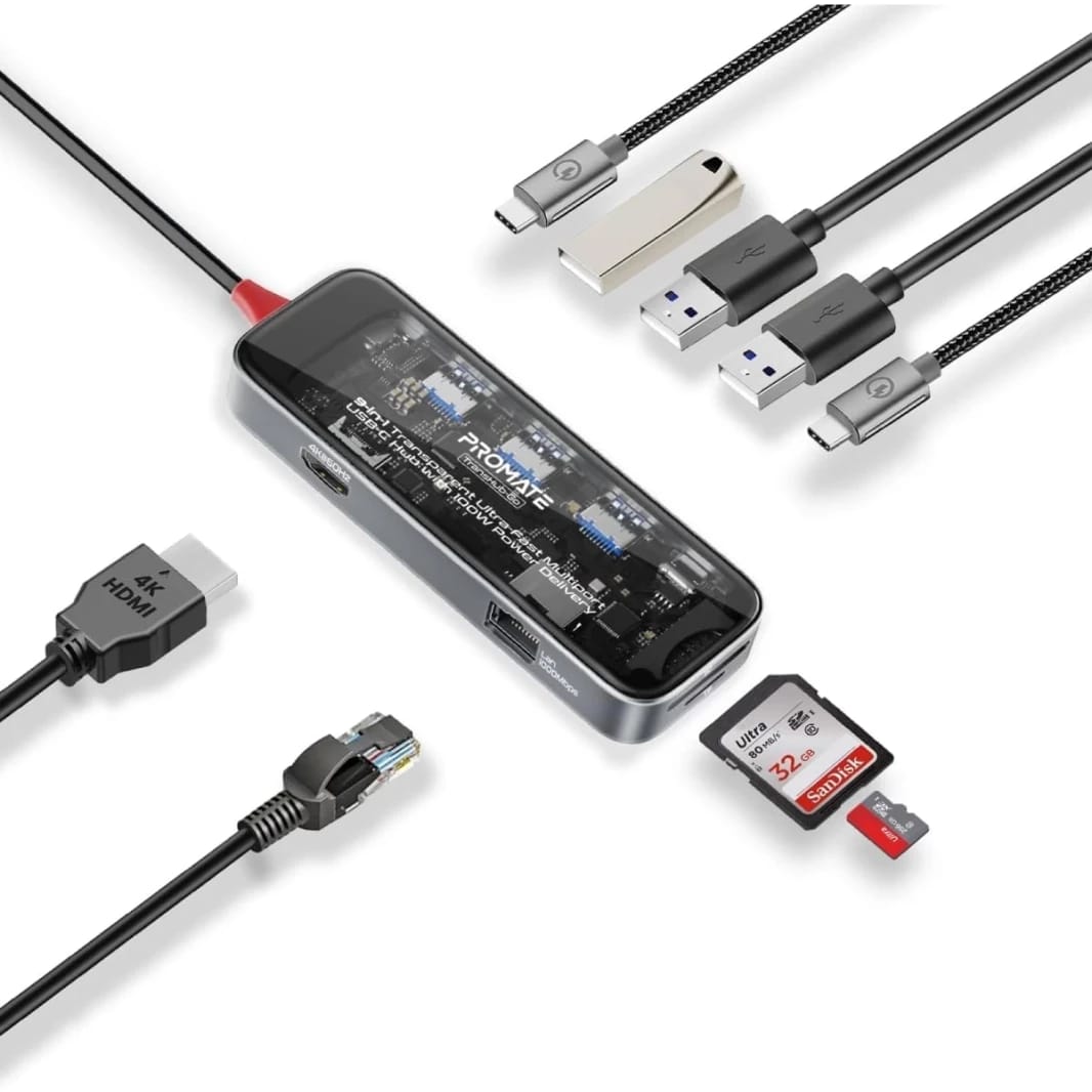 Promate TransHub-Go USB-C™ Hub 9-in-1 Multi-Display Media Hub 4K@60Hz HDMI 1000Mbps LAN 2x USB-A 5Gbps Ports 100W USB-C™ Power Delivery