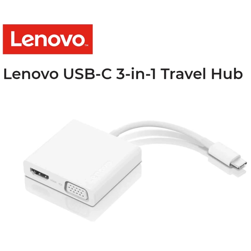Lenovo USB-C 3-in-1 Travel Hub 4K HDMI, VGA, USB 3.0 Plug and Play , White