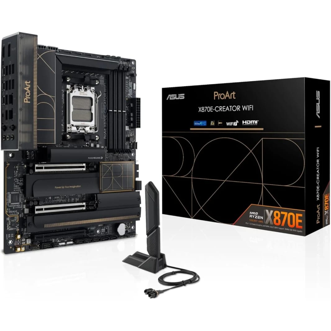 ASUS ProArt X870E-Creator WIFI AM5 ATX AMD X870E Chipset, 4x DDR5 DIMM Slots, 192GB Max Memory, 4x M.2 PCIe Slots, 2x PCIe 5.0 x16 Slots, Bluetooth v5.4
