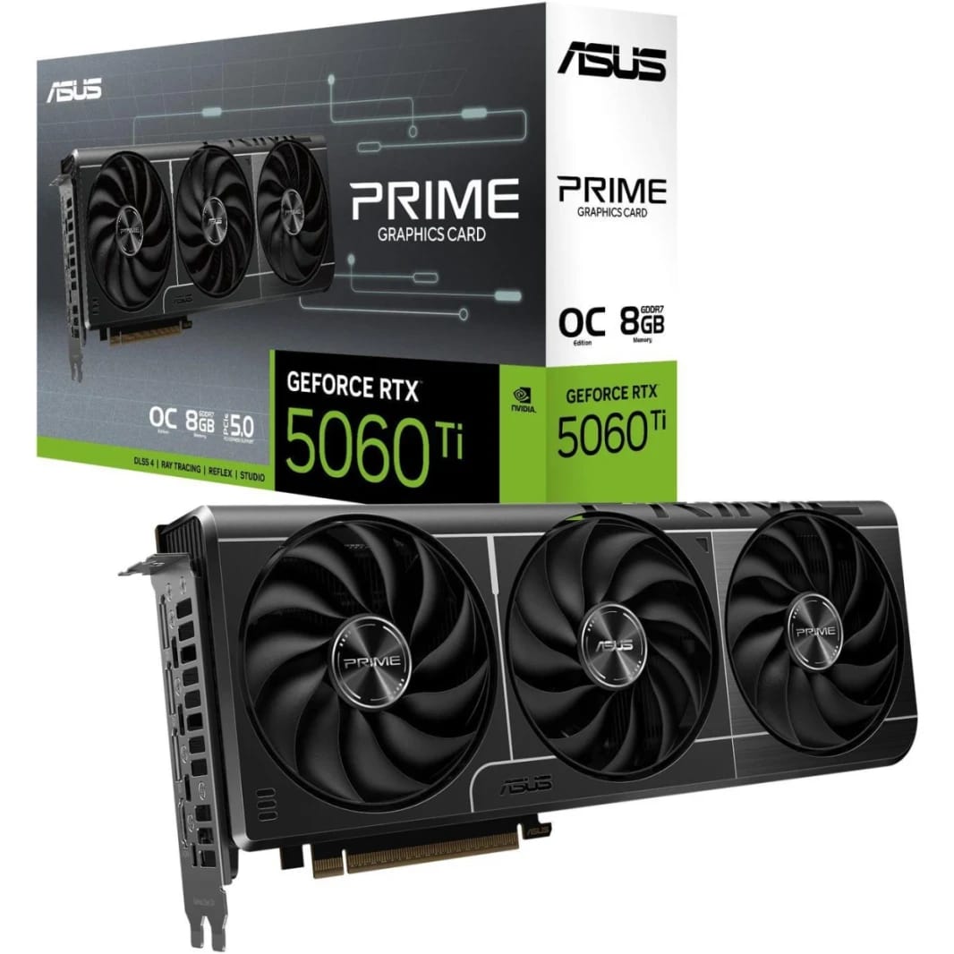 ASUS PRIME GeForce RTX 5060 TI 8GB GDDR7 128-Bit Memory, 2572 MHz Boost Clock, 28 Gbps Memory Speed, 4608 CUDA Cores