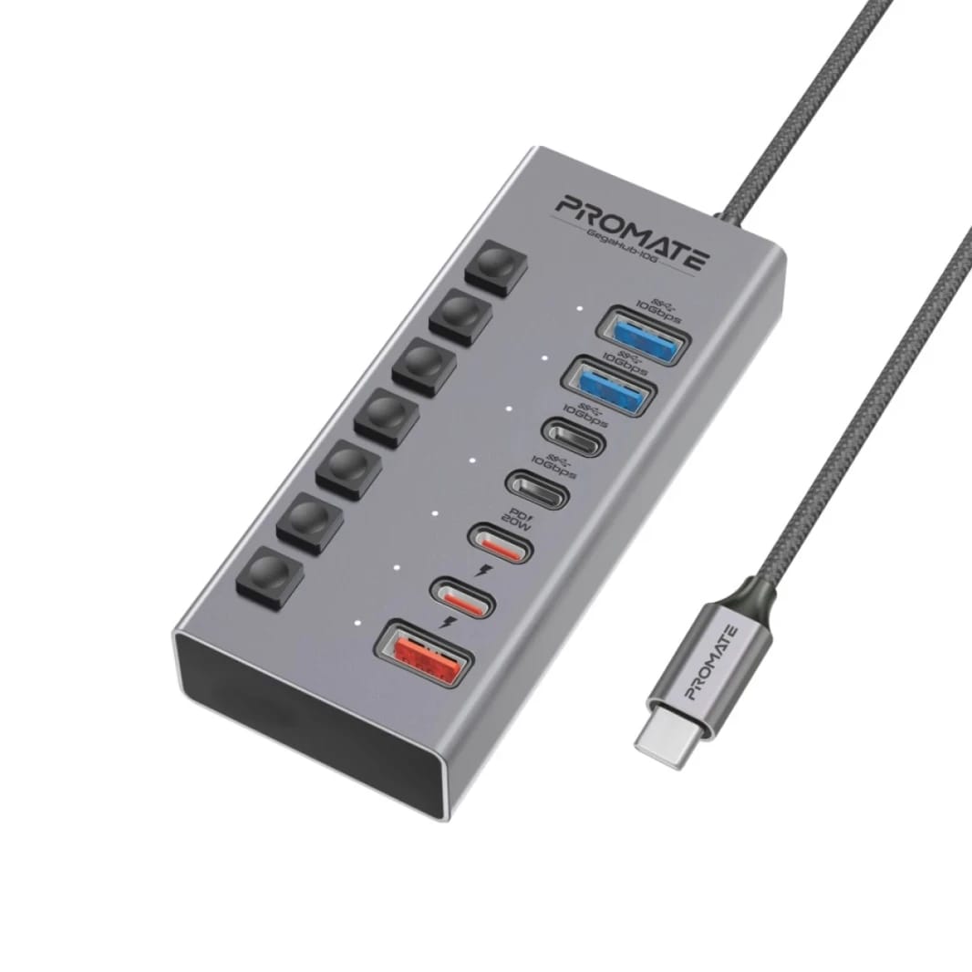 Promate GegaHub-10G 7-in-1 USB-C Multiport Hub, Dual USB-C and USB-A Ports with 10Gbps Data Transfer, Fast Charging USB-C and USB-A Ports, 20W USB-C PD Port, Individual Power Switch and Plug Play
