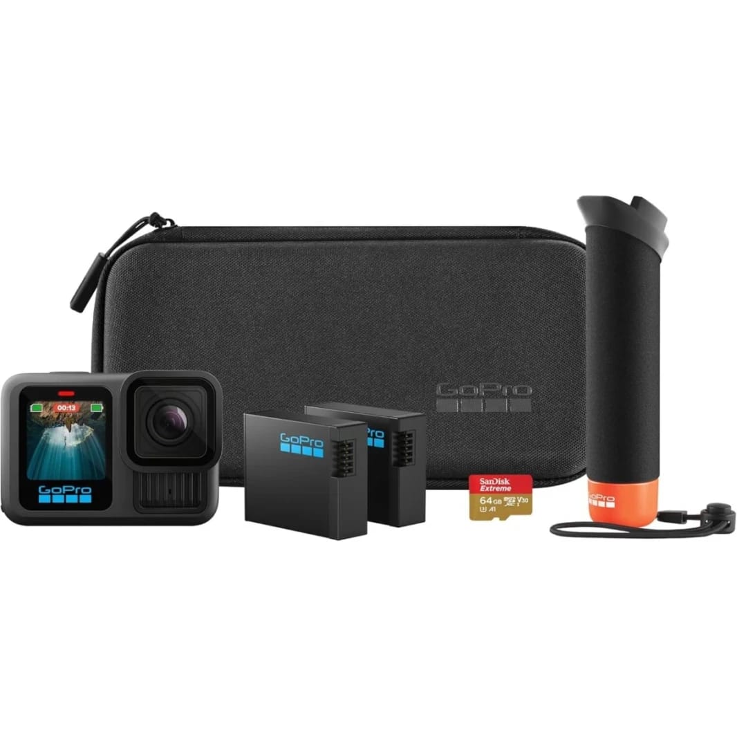 GoPro Hero13 Accessory Bundle Action Camera, 27.6MP Active Pixels, Includes The Handler, 2 Enduro Batteries, 2 Curved Adhesive Mounts, 64GB SanDisk MicroSD Card, & Carrying Case, Black