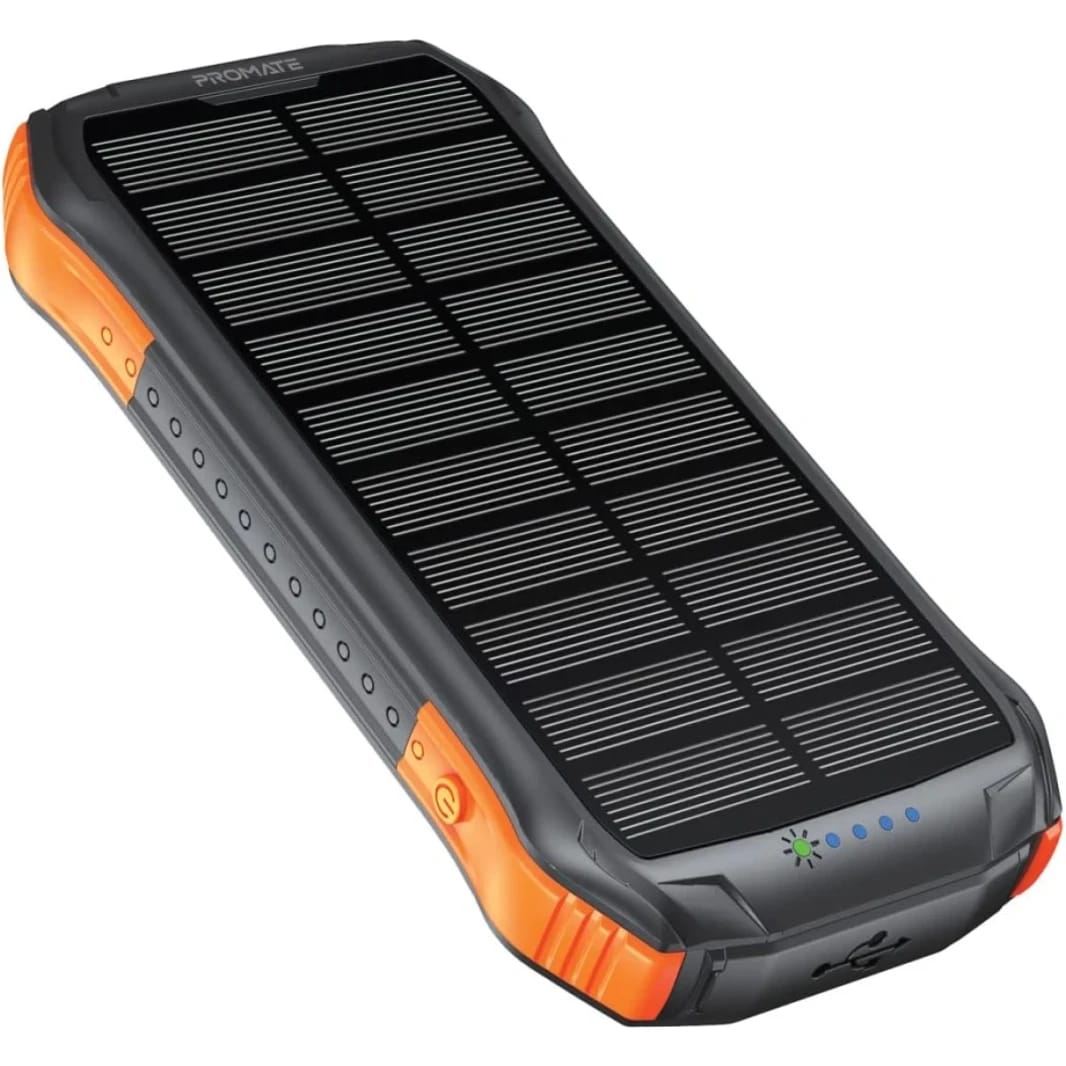 Promate Solar Power Bank, Portable 10000mAh Battery Charger with IP65 Water Resistant, 10W Qi Charger, 20W USB-C Power Delivery, QC 3.0 Port, 5V/2A USB Port and 300lm LED Light - Black