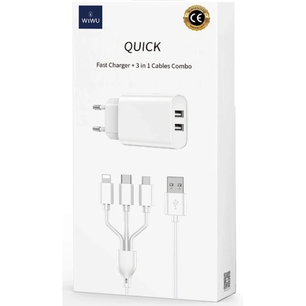 WIWU Wi-U003 Quick Series Dual USB Charger with 3 in 1 USB To Type-C + Lightning + Micro, Charging Data Cable Set- White