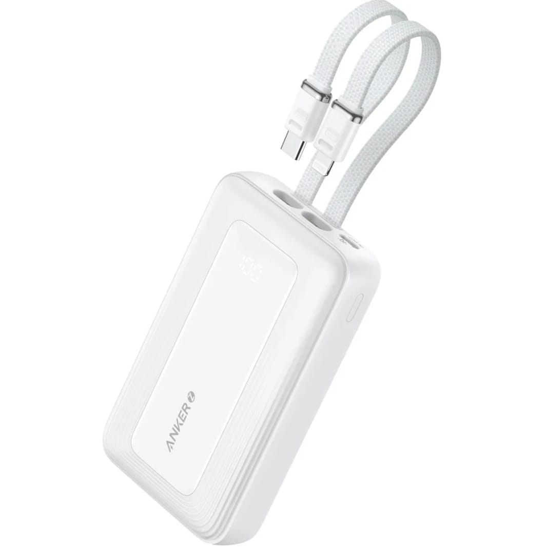 Anker Zolo Power Bank, 10,000mAh 30W Max Fast Portable Charger with Built-in USB-C and MFi Certified Lightning Cables, USB-C&A, Battery Pack for iPhone 16/15 Series, MacBook, Galaxy - White
