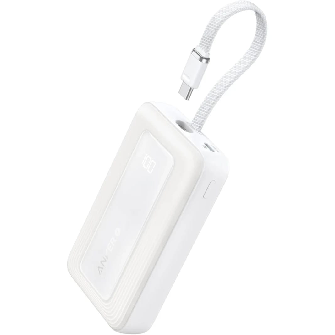 Anker A1688 Zolo Portable Charger, 10,000mAh 30W Power Bank with Built-in Lanyard USB-C Cable for Travel, Fast Charging Battery Pack - White