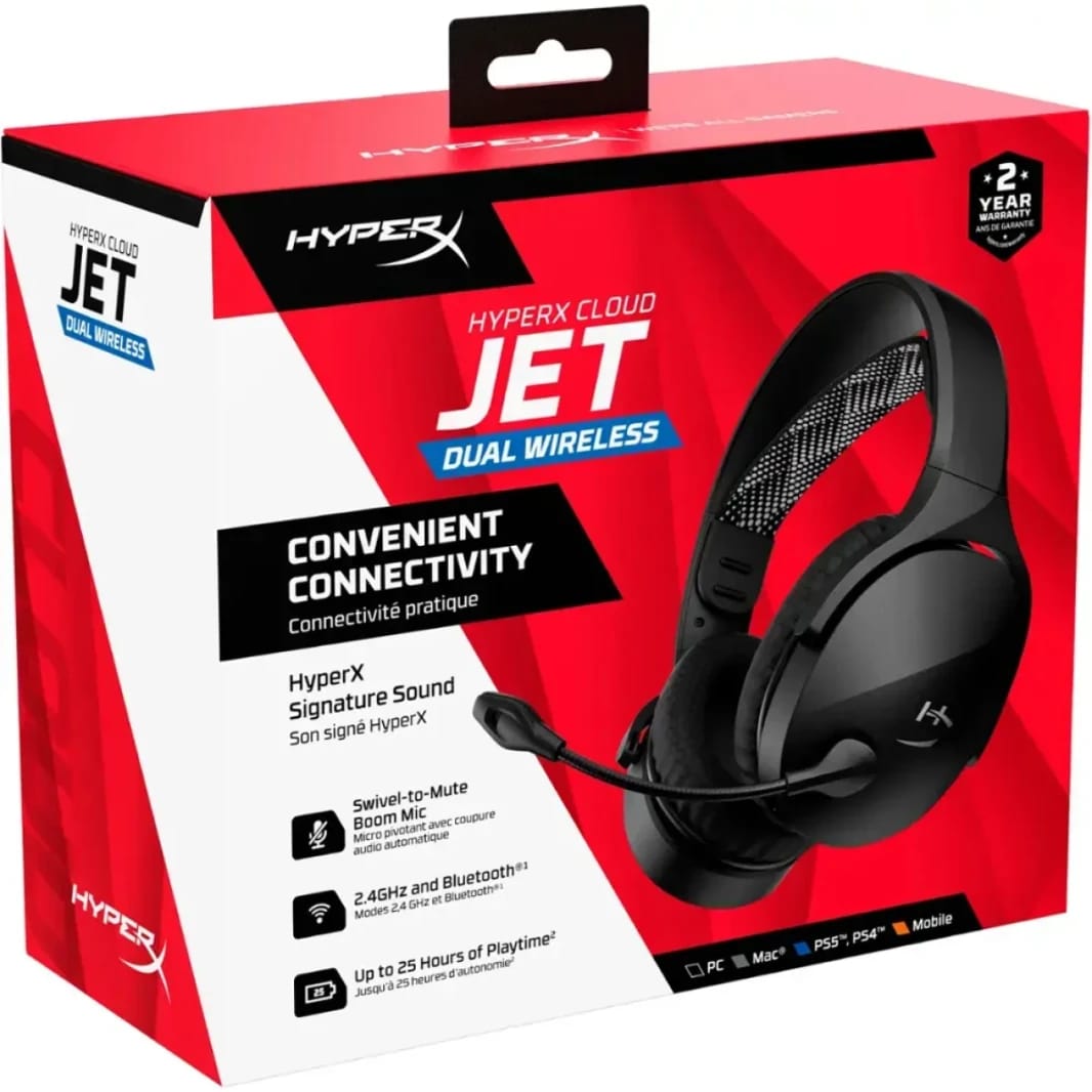 HyperX Cloud Jet Dual Wireless & Bluetooth Gaming Headset Signature HyperX Sound Swivel-to-mute Boom Mic Up to 25 hours of Playtime Intuitive Audio Controls , Black