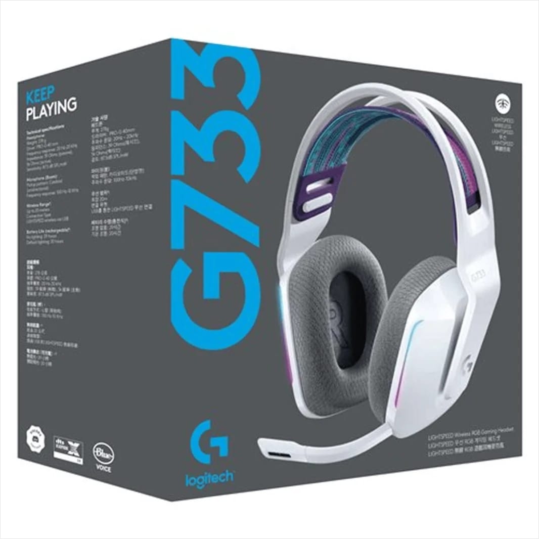 Logitech G733 LightSpeed Wireless Headset w/ Suspension Headband Lightsync RGB & Blue VOiCE MIC Technology , White
