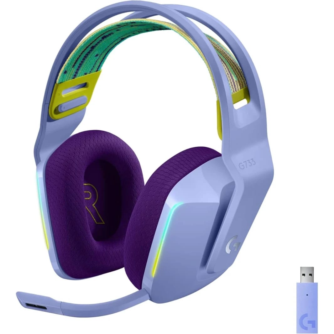 Logitech G733 LightSpeed Wireless Headset w/ Suspension Headband Lightsync RGB & Blue VOiCE MIC Technology , Lilac