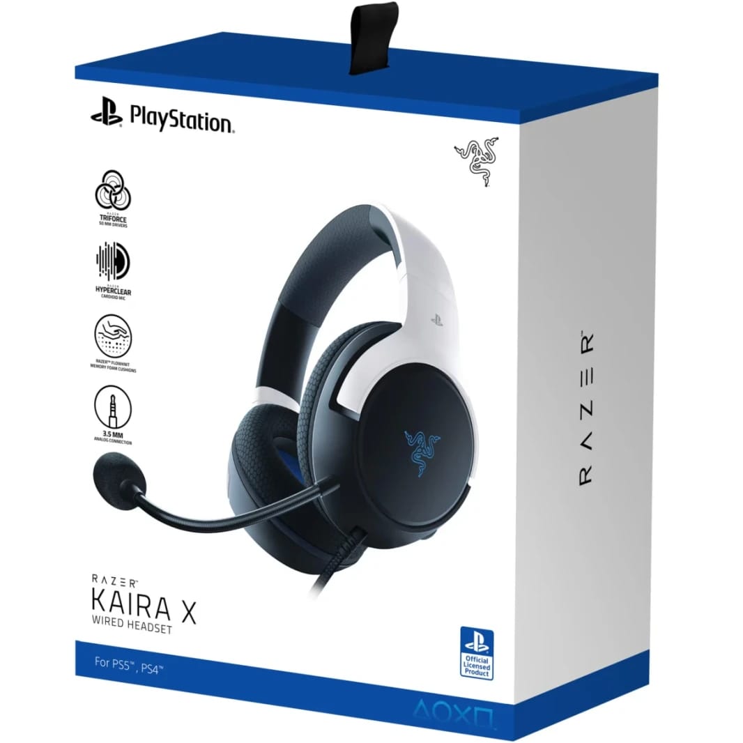 Razer Kaira X Wired Gaming Headset For PlayStation, TriForce 50mm Drivers, HyperClear Cardioid Mic, Flowknit Memory Foam Ear Cushions, Compatible with PC, Mac, Switch, Black/White