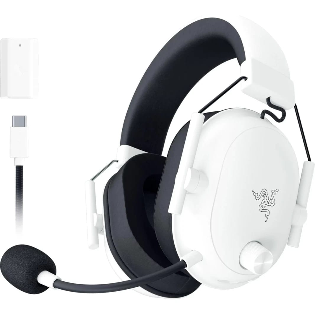 Razer BlackShark V2 HyperSpeed Wireless/Bluetooth/USB Lightweight THX Spatial Audio Bendable Mic 50mm Drivers 70 Hr Battery w/USB Type C Charging - White