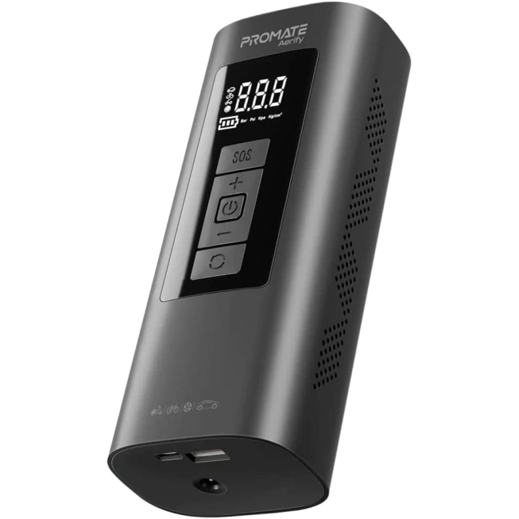 Promate Aerify 4-in-1 Compact Electric Air Pump w/ 6000MaH Power Bank 150PSI LED Light SOS Safety Hammer & Built-In TPMS for Car Tires