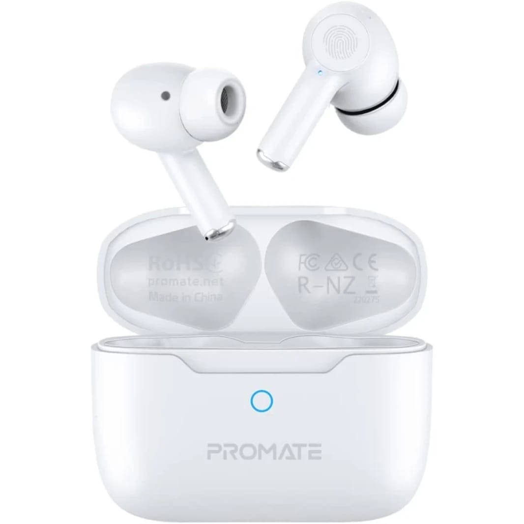 Promate ProPods True Wireless In-Ear Active Noise Cancelling Bluetooth v5.3 w/ Mic 25H Playback Time & Charging Case - White