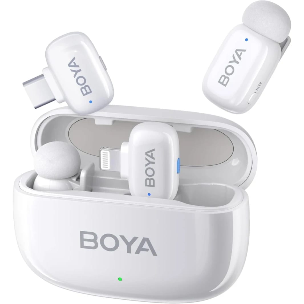 BOYA Mini Wireless Microphone for iPhone/Android/PC/Tablets with USB C/Lightning Plug, MFi Certified, Noise Reduction, AI Voice Changer, 30H Battery Life with Charging Case for Video Recording Podcast - White