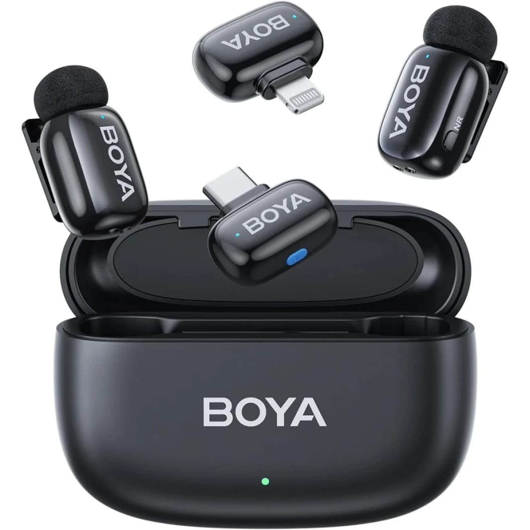 BOYA Mini Wireless Microphone for iPhone/Android/PC/Tablets with USB C/Lightning Plug, MFi Certified, Noise Reduction, AI Voice Changer, 30H Battery Life with Charging Case for Video Recording Podcast - Black
