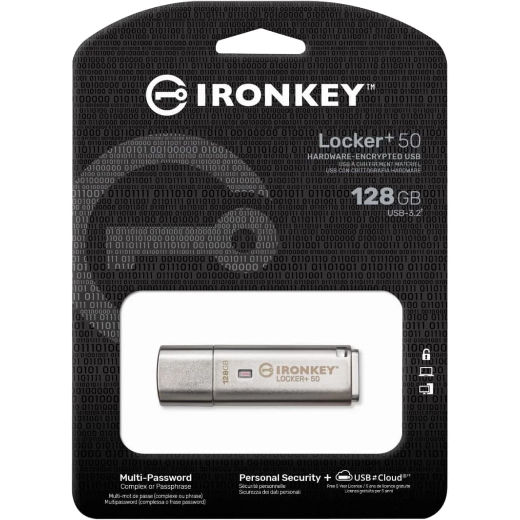 Kingston Ironkey Locker+ 50 128GB Encrypted Flash Drive USB 3.2 XTS-AES Protection Multi-Password Security Options  Automatic Cloud Backup Metal Casing