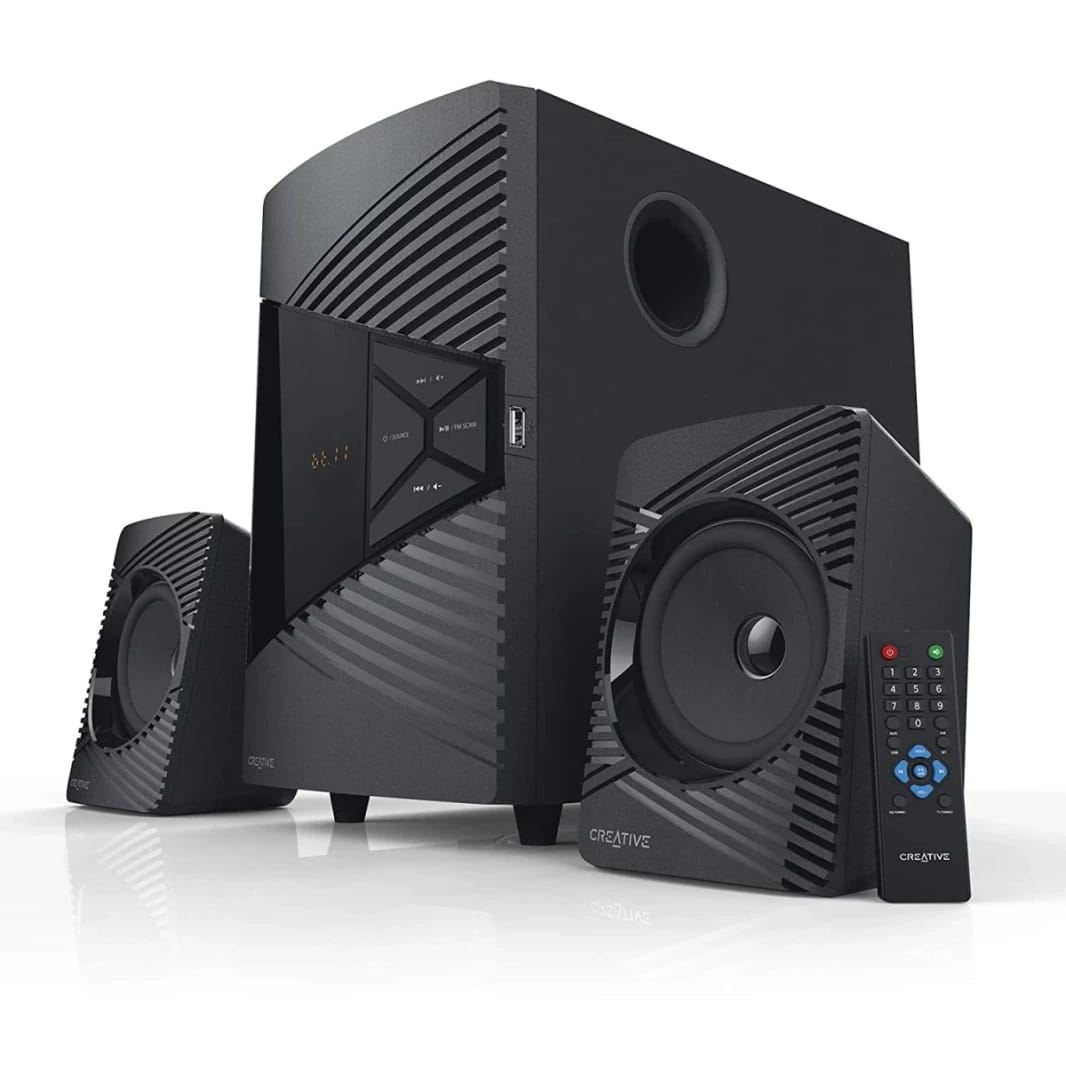 Creative SBS E2500 2.1 Channel 60W Peak High-Performance Bluetooth 5.0 Speaker System with Subwoofer for TV, Computers, Laptops, FM, USB and Aux inputs