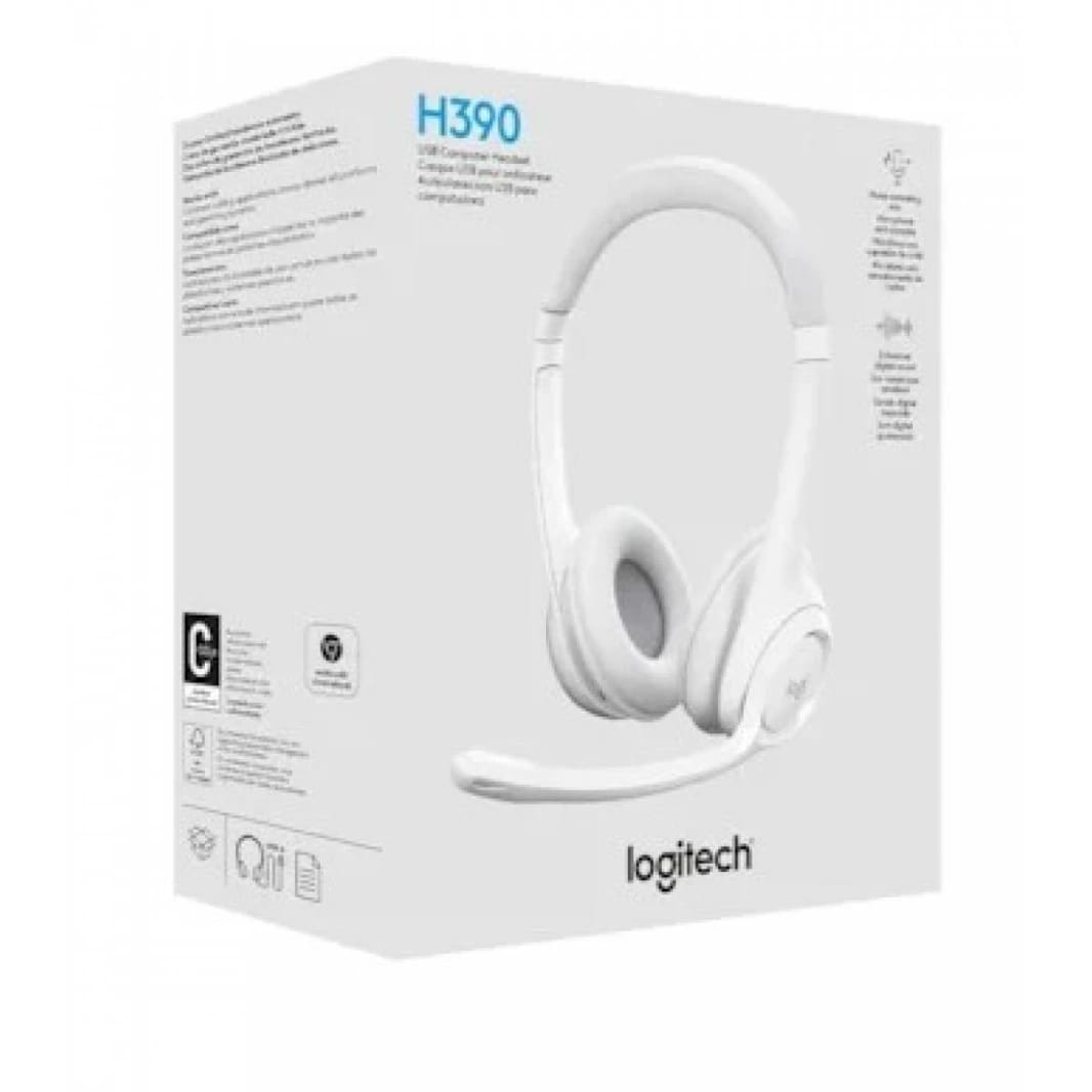 Logitech H390 Wired Headset for PC/Laptop, Stereo Headphones with Noise Cancelling Microphone, USB, In-Line Controls, Works with Chromebook - White