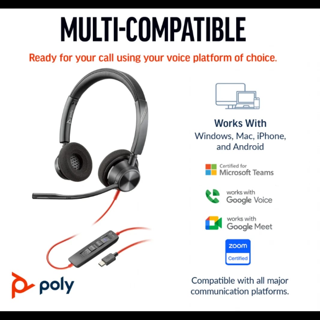 Poly Blackwire 3320 Stereo Microsoft Teams Certified USB-C Headset +USB-C/A Adapter
