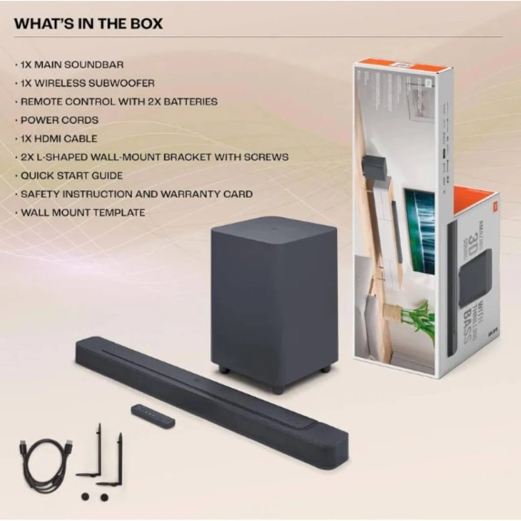 JBL Sound Bar Cinematic Dolby Atmos® 3D Surround Sound Technology 5.1-Channel Surround Sound System Total 590 Watts 10" Wireless subwoofer PureVoice Dialogue Enhancement Technology With MultiBeam