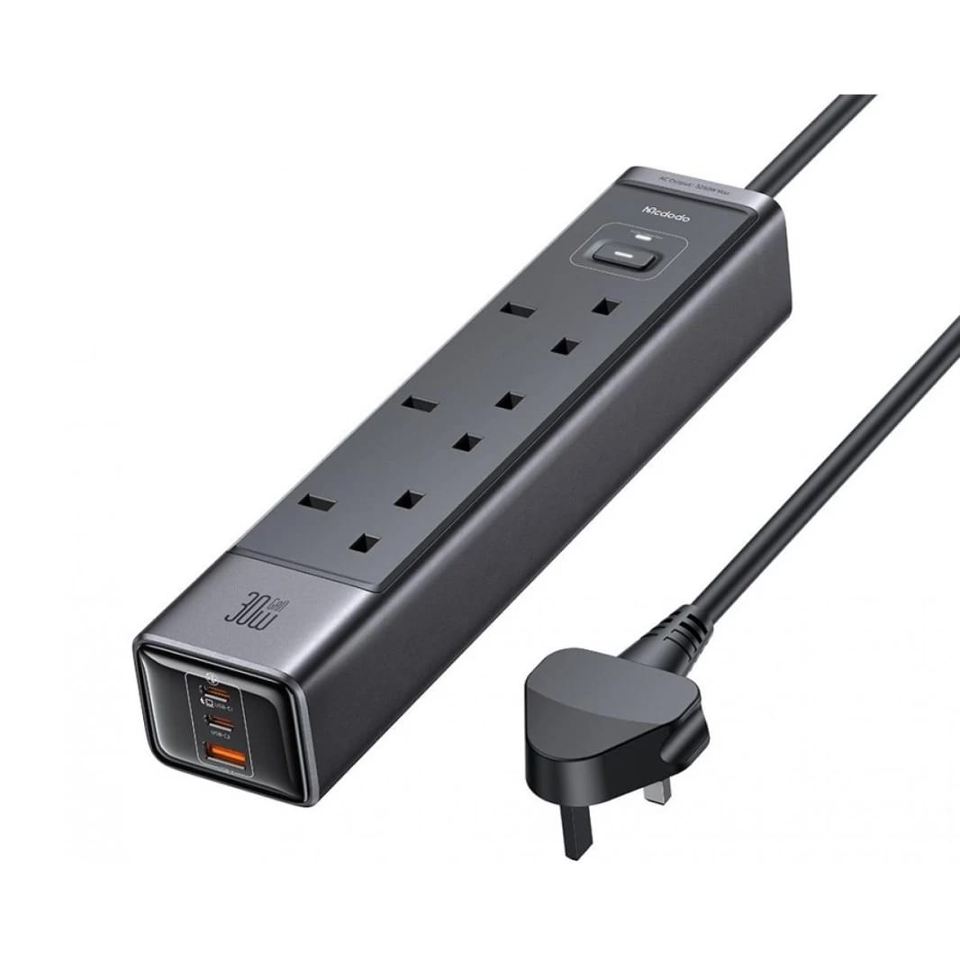 Mcdodo Surge Protection Power Strip with 6 Outputs Including 2 USB-C Ports,1 USB-A Port,& 3 AC Outlets USB-C port supports Max.30W fast charging for laptops, phones - 18 Months Warranty