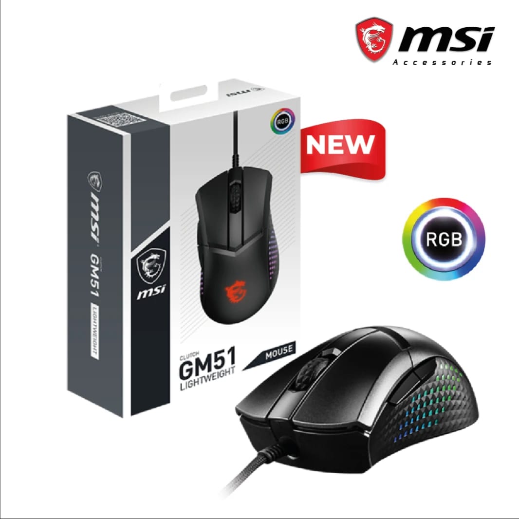 MSI CLUTCH GM51 Wired 75g lightweight Gaming Mouse 16000 Dpi FriXionFree Cable 3 Zone RGB BUTTONS 6 KEY SWITCHES OMRON