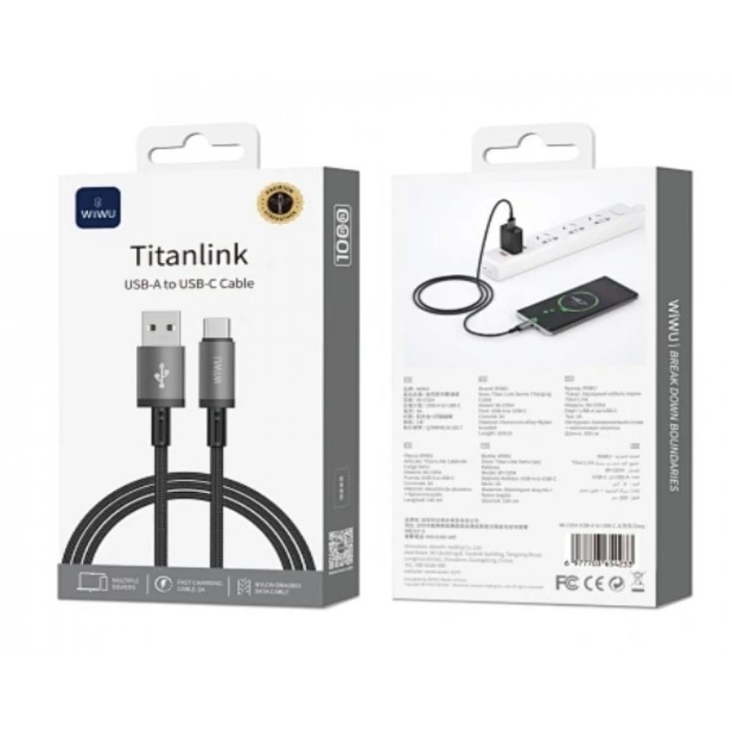 WiWU 1M Aluminum alloy Nylon braided TITAN LINK Series Charging Cable with USBA to Type C - Black