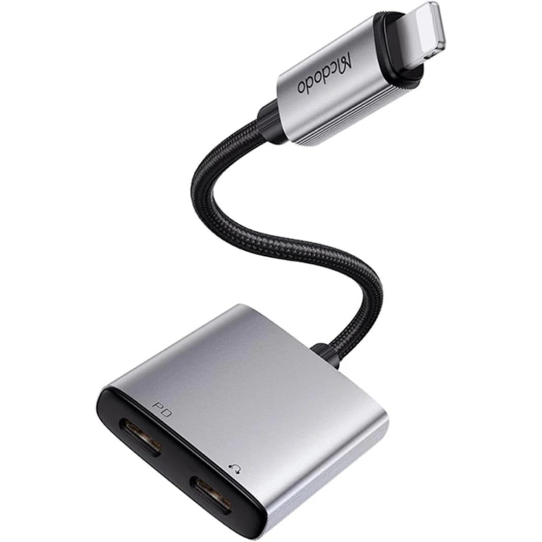 Mcdodo 2 in 1 i-Phone Earphone Converter Adapter (Lightning to Lightning Port x 2), 2.4A Rapid Charging, Music Playback, Calls, Audio Cable Control, Instant Access, Audio Conversion Adapter, Aluminum