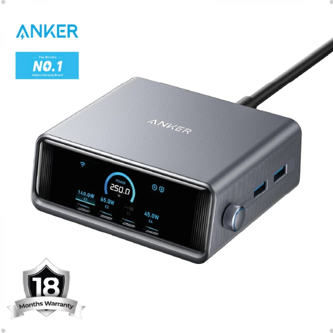 Anker Prime 250W USB C Charger, 6 Port GaN Ultra-Fast Charging Dock, 2.26" LCD Display, Smart Control Wheel, MacBook Pro/Air, iPhone 16/15/14, Pixel, Galaxy, Apple Watch, and More  / 18 Months Warranty