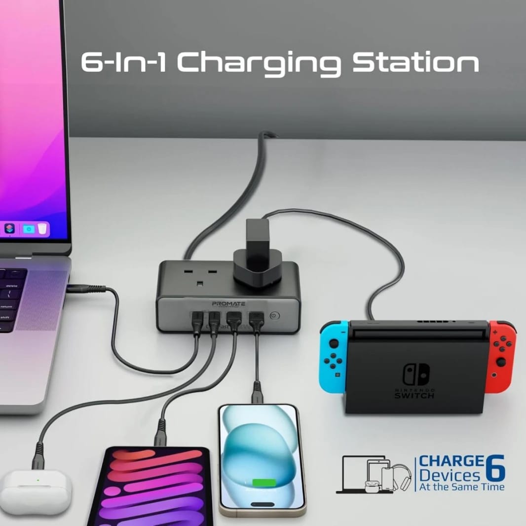 Promate Charging Station, 6-in-1 Multi-Port 65W GaNFast Power Extension with Dual 3250W AC Sockets, Dual 65W USB-C™ Power Delivery Ports, QC 3.0 Port, 2m Cable