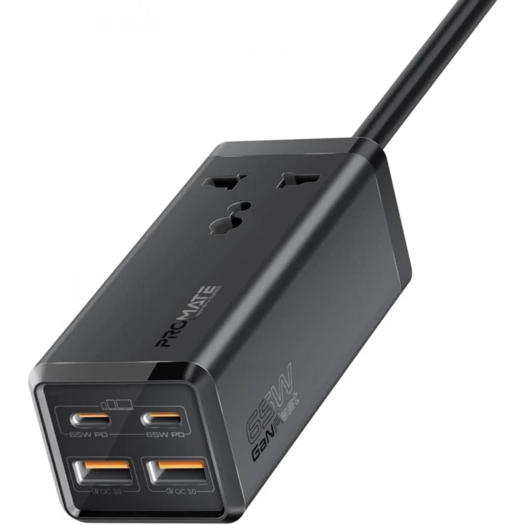 Promate Power Strip, 5-in-1 Multi-Port 65W GaNFast Power Extension with 2500W AC Socket, Dual USB-C Ports, Dual QC 3.0 Ports and 2m Cable for iPhone, MacBook, Appliances