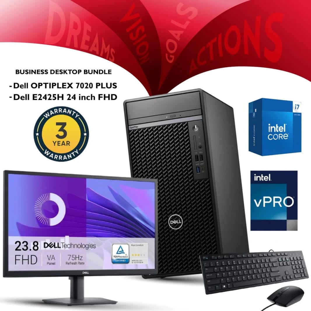 NEW Dell OPTIPLEX 7020 PLUS BUNDLE Desktop Intel Core™ i7-14700 14th Gen vPro Processors Core 20, 8GB DDR5 & 512 SSD With Dell 24 inch FHD Monitor - 3 Years Warranty