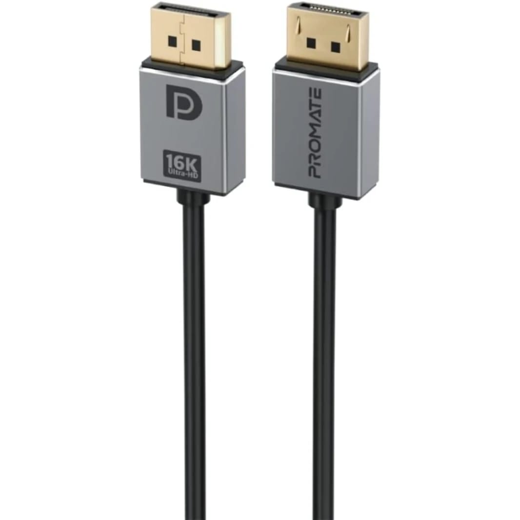 Promate DisplayPort 2.0 Cable, Premium Ultra HD 16K@60Hz Video Display Cord with 80Gbps Bandwidth Transmission, Gold Plated Connectors, 2m Super Slim Cable - Black