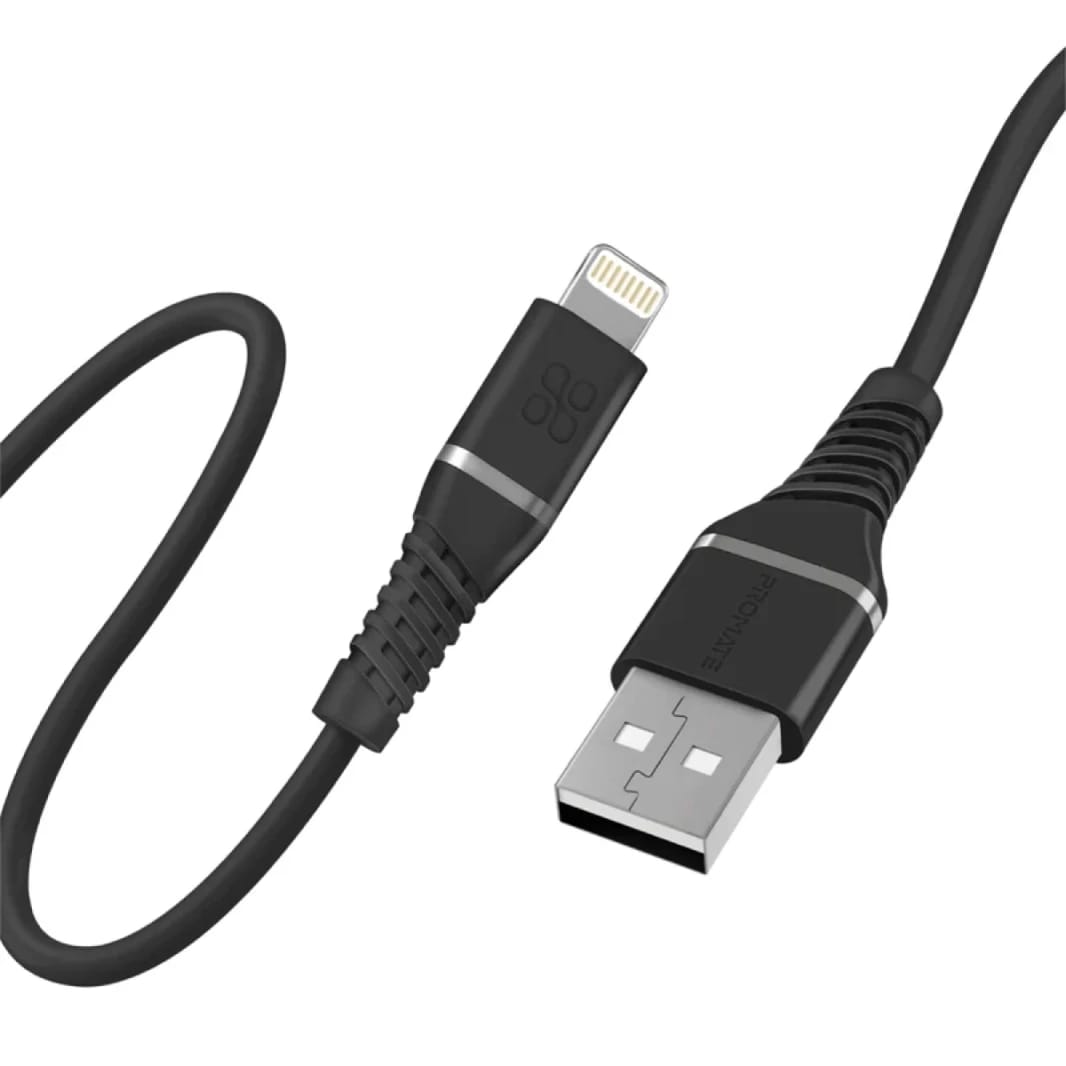 Promate USB-A to Lightning Cable High Tensile 2.4A Super-Fast USB-A to Lightning Charger 120 cm Anti-Tangle Silicone - Black