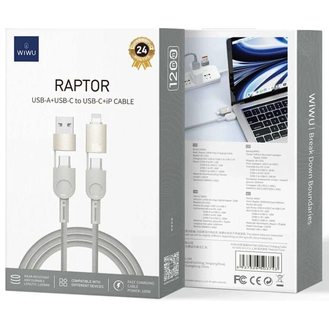 WIWU Raptor Wi-C051 4in1 USB C + A + Lightning 100W Fast Charging Cable- White
