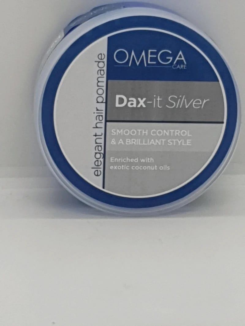 Omega Care Elegant Hair Pomade Dax-it Silver for Smooth Control and Brilliant Style, Enriched with Exotic Coconut Oils for Anyone Seeking Sleek and Shiny Hair Styling.