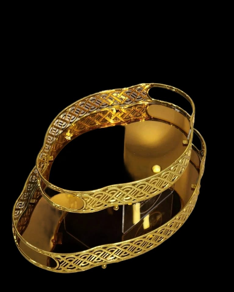 Elegant Two-Tiered Oval Gold Mirrored Metal Serving and Display Tray