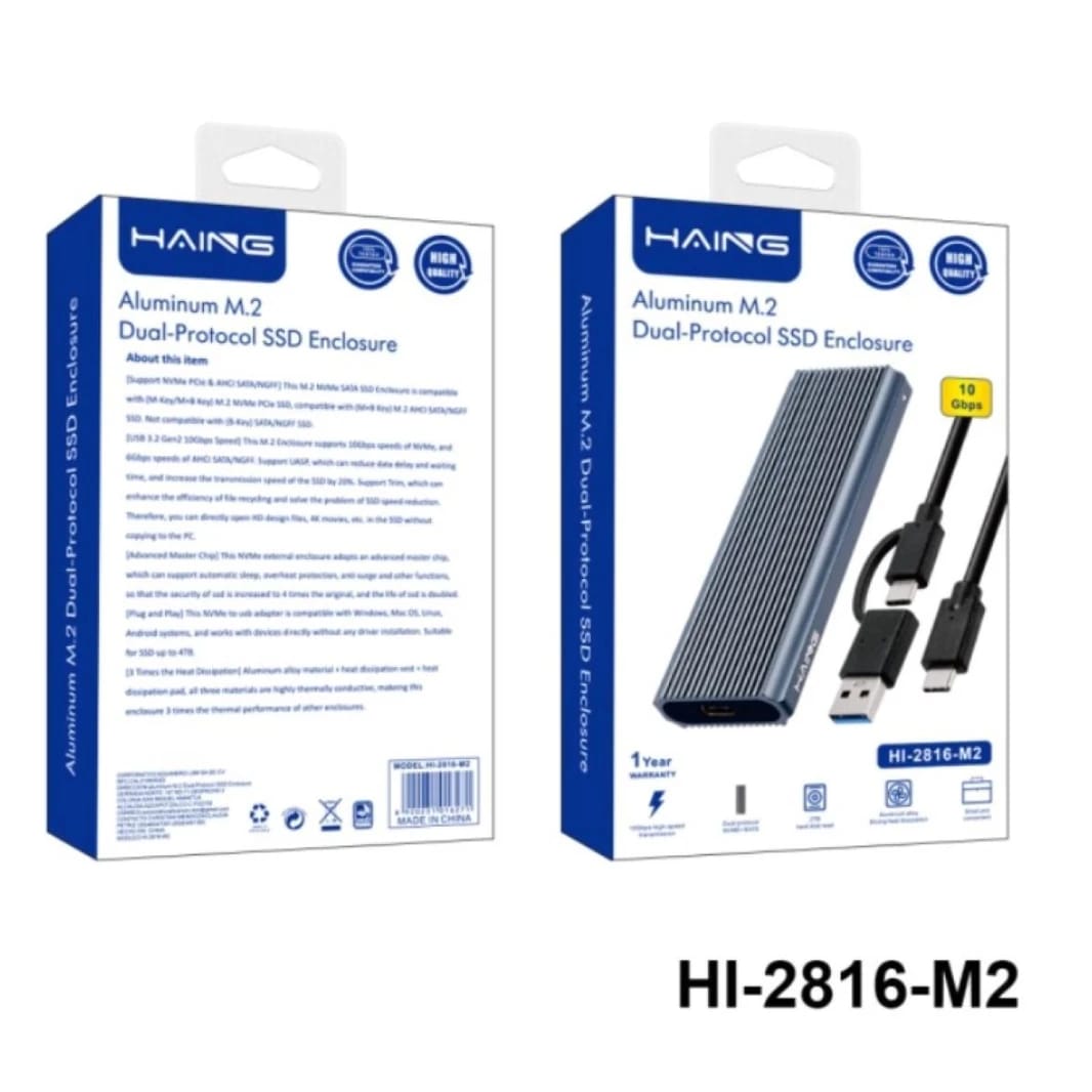 HAING HI-2816-M2 Aluminum M.2 Dyal-Protocol SSD Enclosure