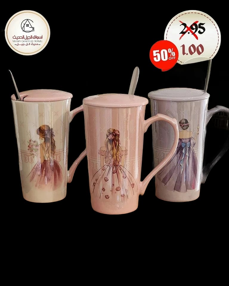 Elegant Ceramic Mugs with Lids and Spoons Featuring Girl Design